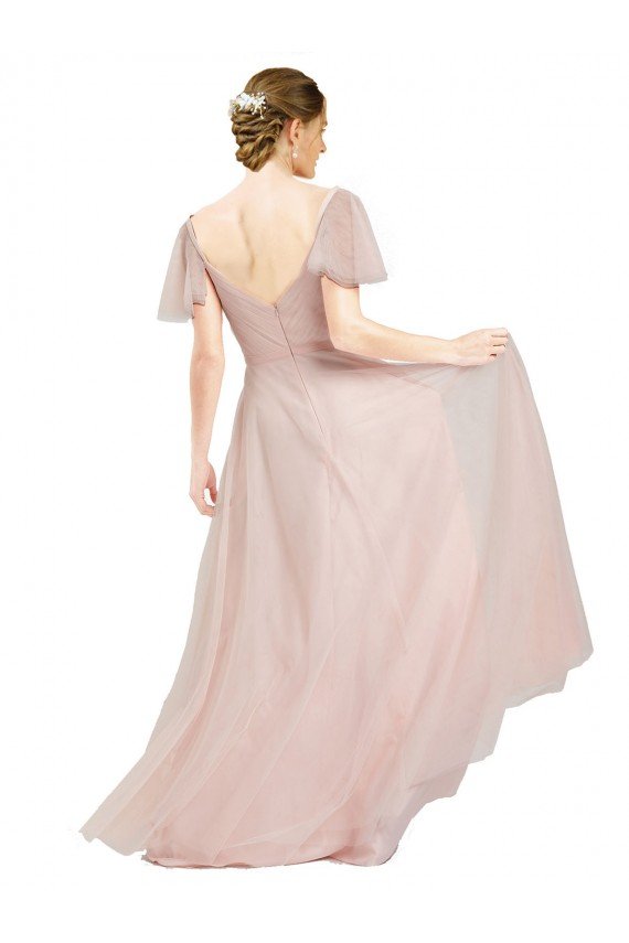 Cheap Long V-Neck Flutter Sleeves Tulle Bridesmaid Dress Sydney