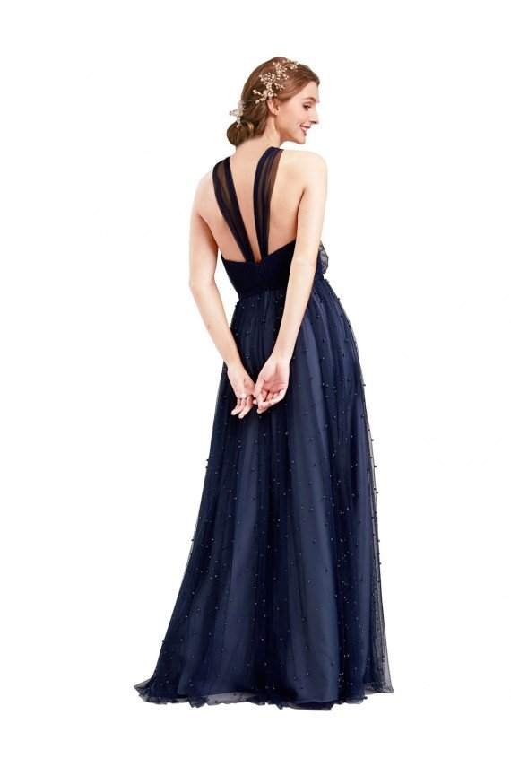 Cheap Floor Length Long Halter Pleated Tulle Bridesmaid Dress Sydney