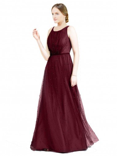 Cheap Sleeveless Boat Neck Long Pearl Tulle Bridesmaid Dress with Keyhole Back Sydney