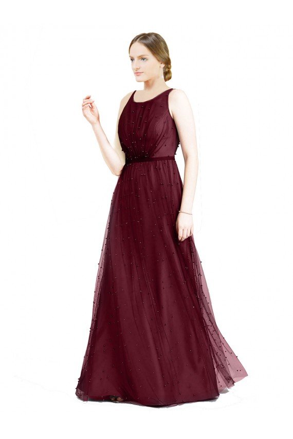 Cheap Sleeveless Boat Neck Long Pearl Tulle Bridesmaid Dress with Keyhole Back Sydney