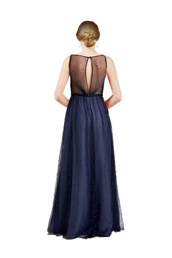 Cheap Sleeveless Boat Neck Long Pearl Tulle Bridesmaid Dress with Keyhole Back Sydney