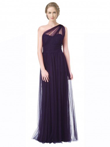 Cheap One Shoulder Long Tulle Bridesmaid Gown with Sheer Netting Strap Sydney