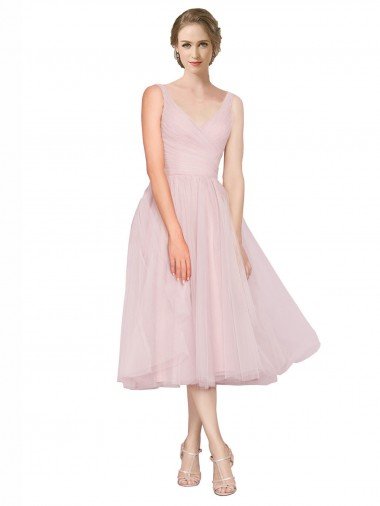 Cheap Short Tea Length Wide Strap Plunge Cross Over Neckline Tulle Cocktail Bridesmaid Dress Sydney