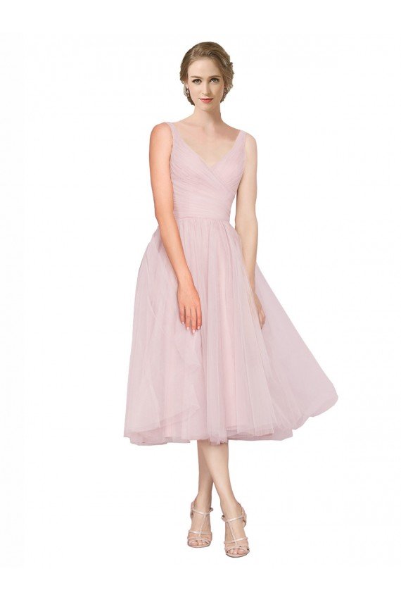 Cheap Short Tea Length Wide Strap Plunge Cross Over Neckline Tulle Cocktail Bridesmaid Dress Sydney