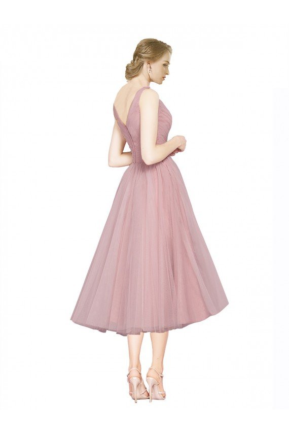 Cheap Short Tea Length Wide Strap Plunge Cross Over Neckline Tulle Cocktail Bridesmaid Dress Sydney