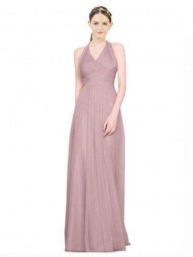 Cheap Ruffled Halter V-Neck Long Tulle Bridesmaid Dress with Pleats Sydney