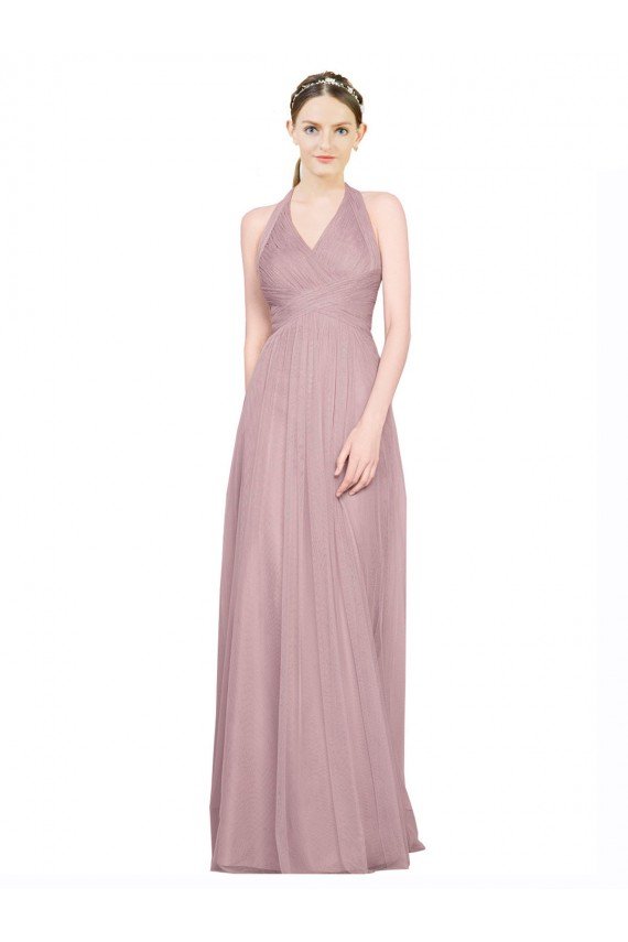 Cheap Ruffled Halter V-Neck Long Tulle Bridesmaid Dress with Pleats Sydney