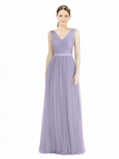 Cheap Wide Straps V-Neck Long Tulle Bridesmaids with Belt Sydney