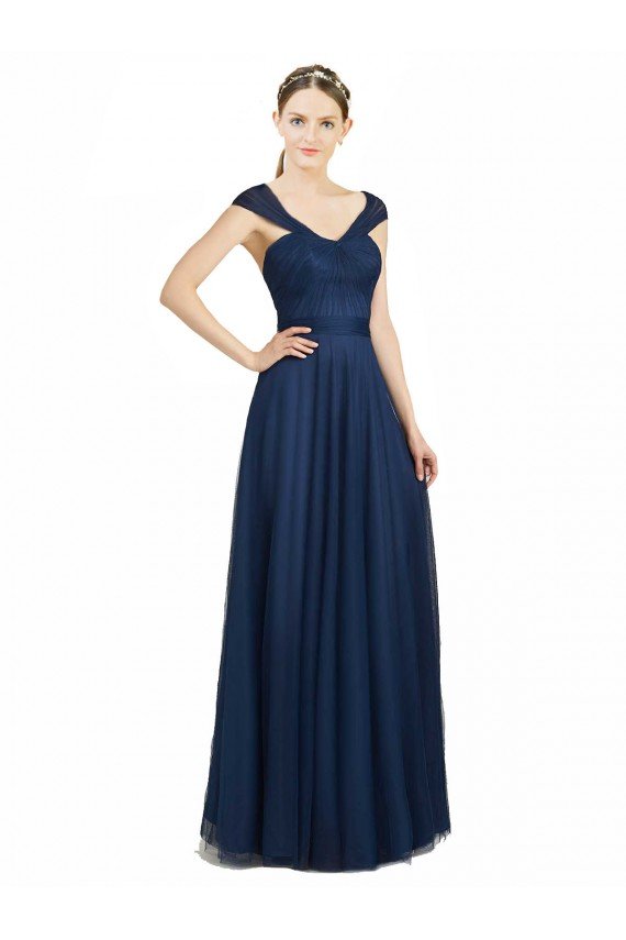 Cheap Ruched Sweetheart Long A-Line Tulle Bridesmaid Dress with Wide Straps and Tie Back Sydney