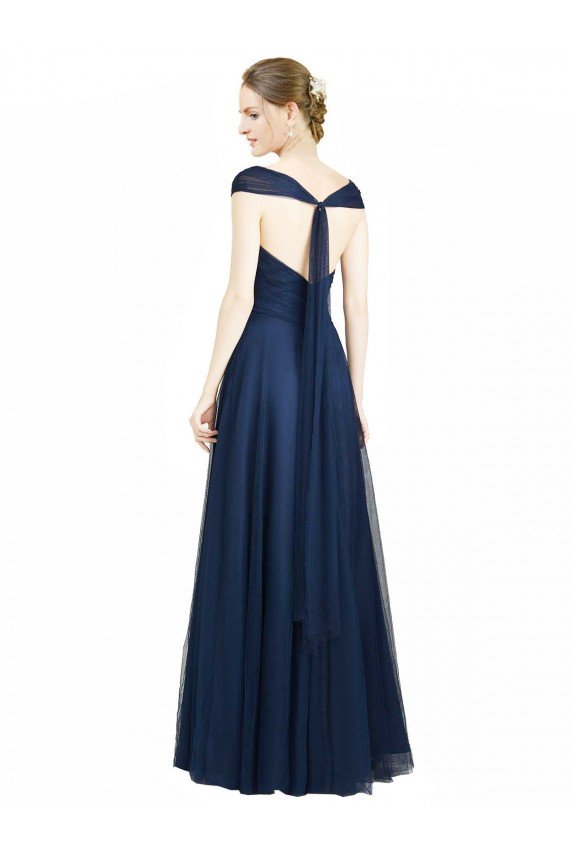 Cheap Ruched Sweetheart Long A-Line Tulle Bridesmaid Dress with Wide Straps and Tie Back Sydney