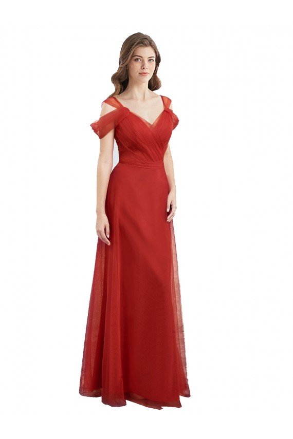 Cheap Cold Shoulder Pleated Wrap Tulle Bridesmaid Dress with Low V-Back Sydney