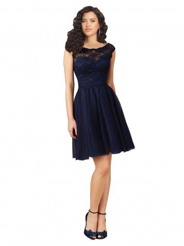 Cheap Short Bateau Neck Tulle Cocktail Bridesmaid Dress with Lace Bodice Sydney