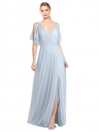 Cheap Floor Length Flutter Sleeves Long Tulle Bridesmaid Dress with Side Slit Sydney