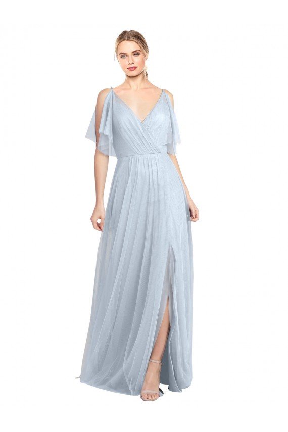 Cheap Floor Length Flutter Sleeves Long Tulle Bridesmaid Dress with Side Slit Sydney