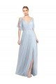 Cheap Floor Length Flutter Sleeves Long Tulle Bridesmaid Dress with Side Slit Sydney