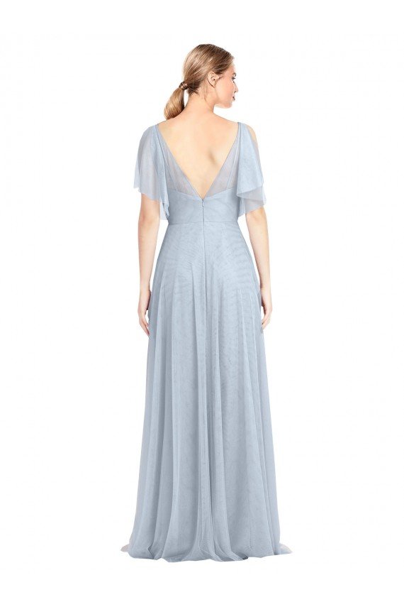 Cheap Floor Length Flutter Sleeves Long Tulle Bridesmaid Dress with Side Slit Sydney
