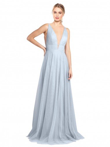 Cheap Plunging Deep V-Neck Long Tulle Bridesmaid Dress with V-Back Sydney
