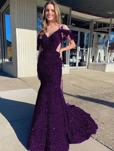 Cheap Cold Shoulder Sleeveless Long Court Train Velvet Sequin Prom Dress Sydney