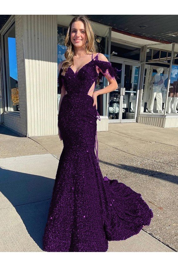 Cheap Cold Shoulder Sleeveless Long Court Train Velvet Sequin Prom Dress Sydney