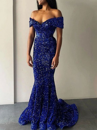 Cheap Mermaid Off the Shoulder Sleeveless Long Sweep Train Velvet Sequin Prom Dress Sydney
