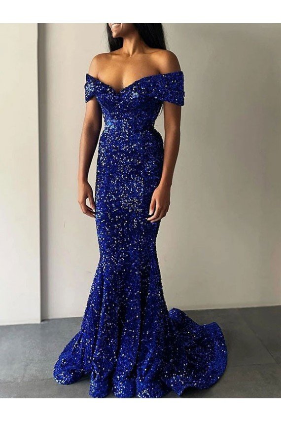 Cheap Mermaid Off the Shoulder Sleeveless Long Sweep Train Velvet Sequin Prom Dress Sydney