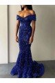 Cheap Mermaid Off the Shoulder Sleeveless Long Sweep Train Velvet Sequin Prom Dress Sydney