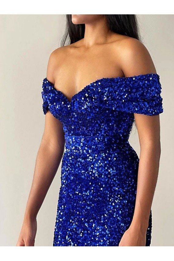 Cheap Mermaid Off the Shoulder Sleeveless Long Sweep Train Velvet Sequin Prom Dress Sydney