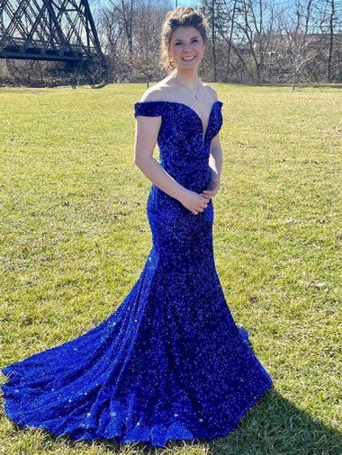 Cheap Off the Shoulder Sleeveless Long Sweep Train Velvet Sequin Prom Dress Sydney