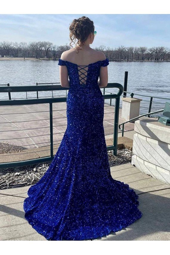 Cheap Off the Shoulder Sleeveless Long Sweep Train Velvet Sequin Prom Dress Sydney