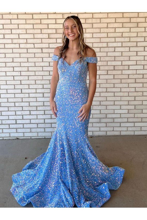 Cheap Mermaid Off the Shoulder Sleeveless Long Floor Length Velvet Sequin Prom Dress Sydney