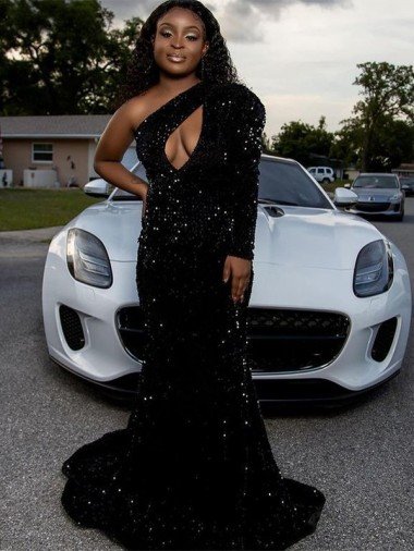 Cheap One Shoulder Long Sleeves Long Sweep Train Velvet Sequin Prom Dress Sydney