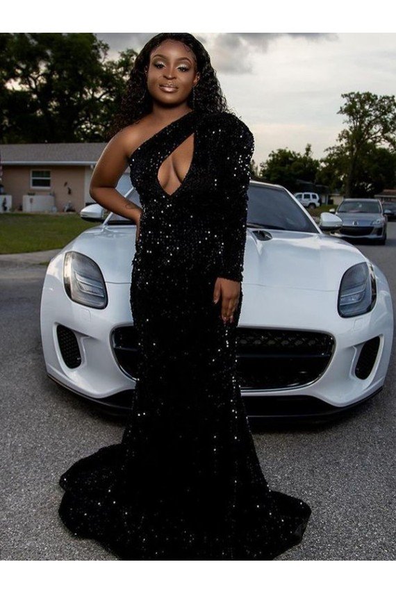 Cheap One Shoulder Long Sleeves Long Sweep Train Velvet Sequin Prom Dress Sydney
