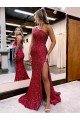 Cheap Mermaid One Shoulder Sleeveless Long Sweep Train Velvet Sequin Prom Dress with High Slit Sydney