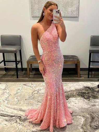 Cheap Open Back One Shoulder Sleeveless Long Sweep Train Velvet Sequin Prom Dress Sydney