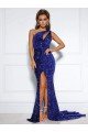 Cheap Mermaid One Shoulder Sleeveless Long Court Train Velvet Sequin Prom Dress with Slit Sydney