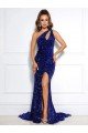 Cheap Mermaid One Shoulder Sleeveless Long Court Train Velvet Sequin Prom Dress with Slit Sydney
