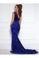 Cheap Mermaid One Shoulder Sleeveless Long Court Train Velvet Sequin Prom Dress with Slit Sydney