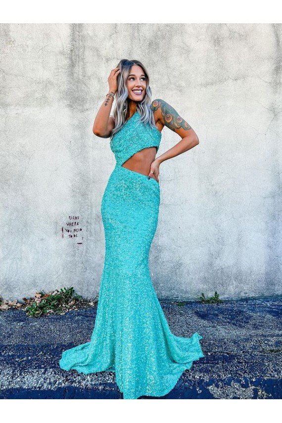 Cheap Mermaid One Shoulder Sleeveless Long Sweep Train Velvet Sequin Prom Dress Sydney