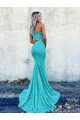 Cheap Mermaid One Shoulder Sleeveless Long Sweep Train Velvet Sequin Prom Dress Sydney