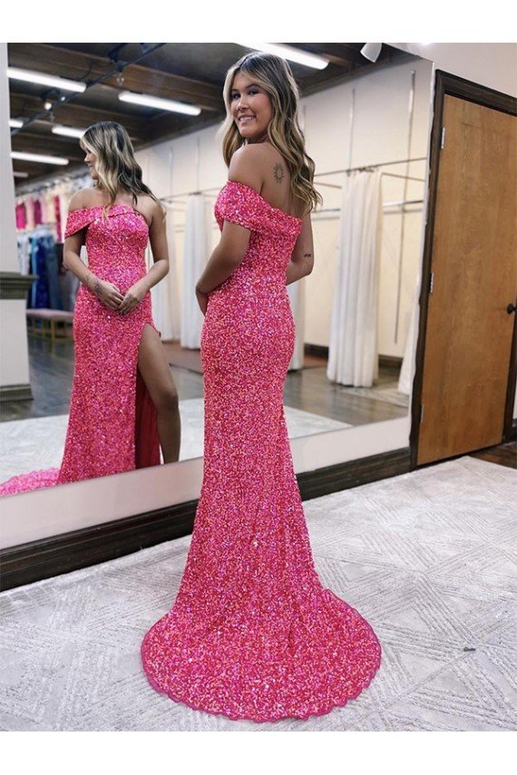 Cheap One Shoulder Sleeveless Long Sweep Train Velvet Sequin Prom Dress with Side Slit Sydney