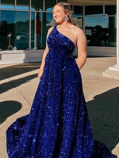 Cheap A-Line One Shoulder Sleeveless Long Sweep Train Velvet Sequin Prom Dress with Pockets Sydney