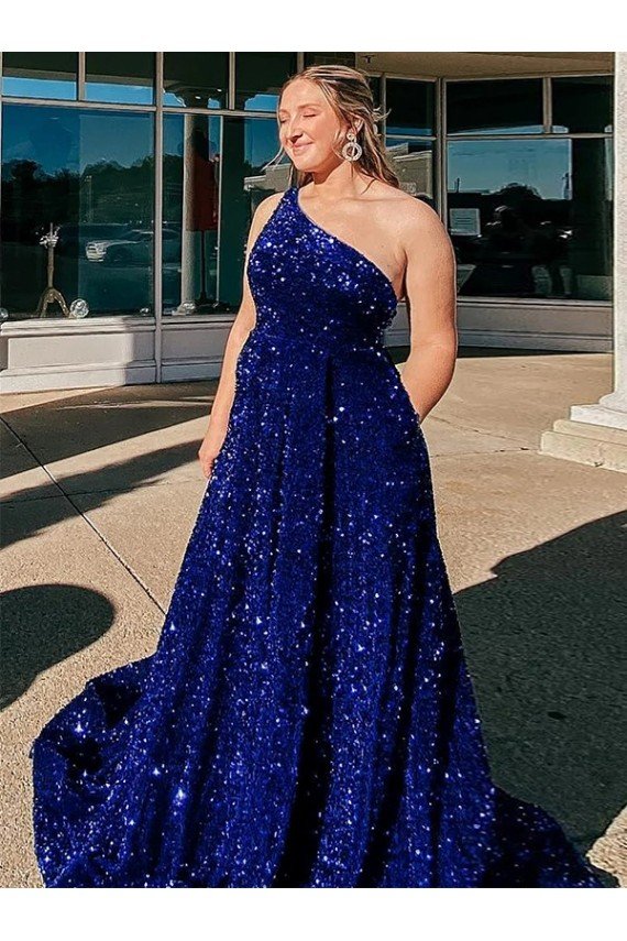 Cheap A-Line One Shoulder Sleeveless Long Sweep Train Velvet Sequin Prom Dress with Pockets Sydney