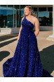 Cheap A-Line One Shoulder Sleeveless Long Sweep Train Velvet Sequin Prom Dress with Pockets Sydney