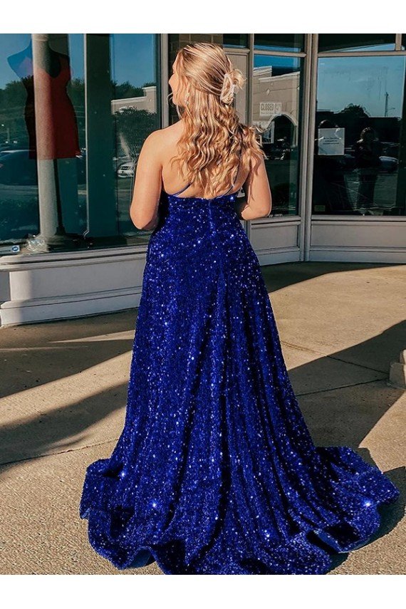 Cheap A-Line One Shoulder Sleeveless Long Sweep Train Velvet Sequin Prom Dress with Pockets Sydney