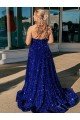 Cheap A-Line One Shoulder Sleeveless Long Sweep Train Velvet Sequin Prom Dress with Pockets Sydney