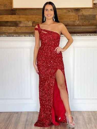 Cheap One Shoulder Sleeveless Long Sweep Train Velvet Sequin Prom Dress Sydney