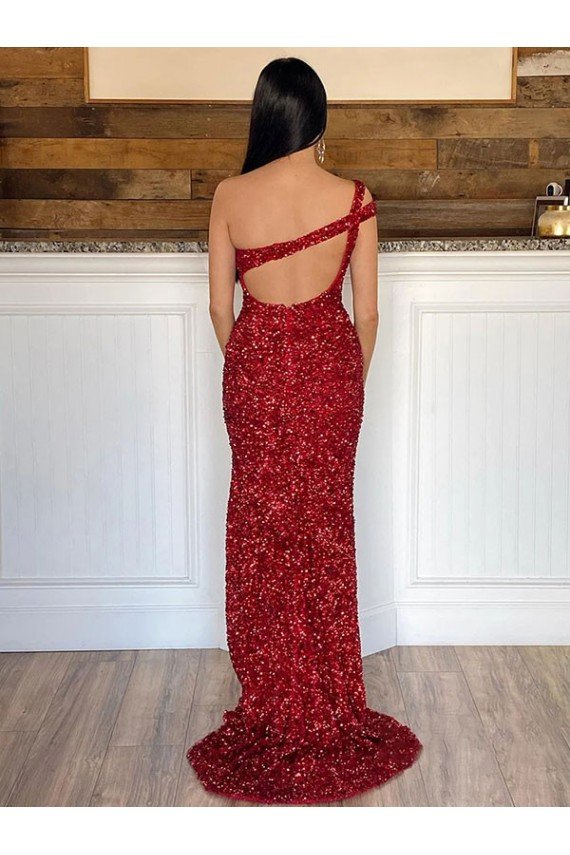 Cheap One Shoulder Sleeveless Long Sweep Train Velvet Sequin Prom Dress Sydney