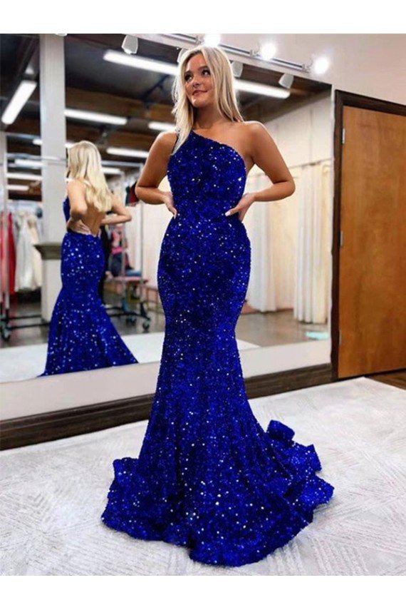 Cheap Mermaid One Shoulder Open Back Long Sweep Train Velvet Sequin Prom Dress Sydney