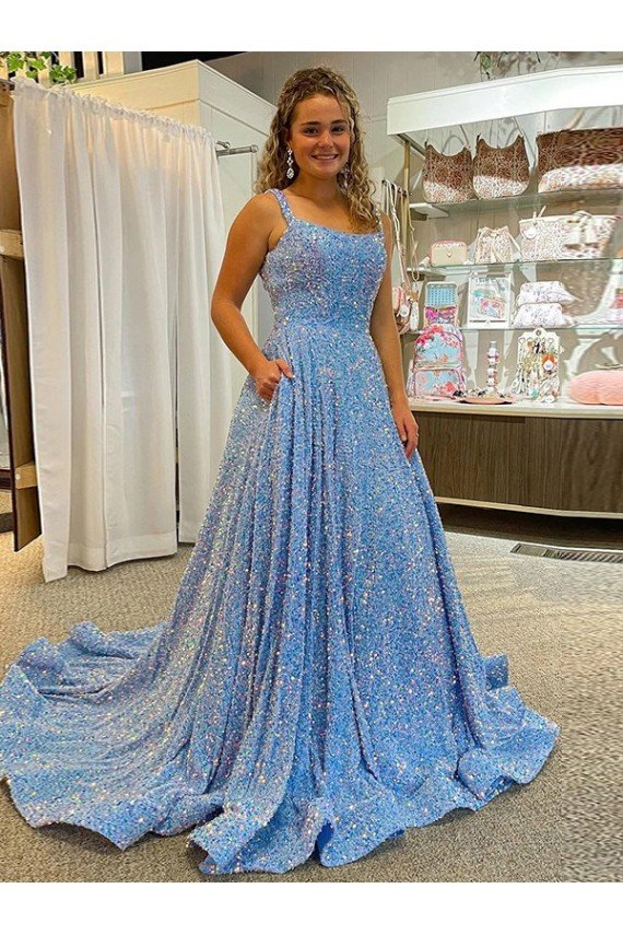 Cheap A-Line Scoop Sleeveless Long Court Train Velvet Sequin Prom Dress Sydney