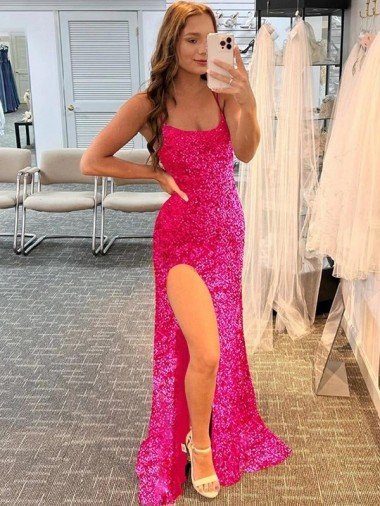 Cheap Spaghetti Straps Sleeveless Long Velvet Sequin Prom Dress with Slit and Criss Cross Open Back Sydney